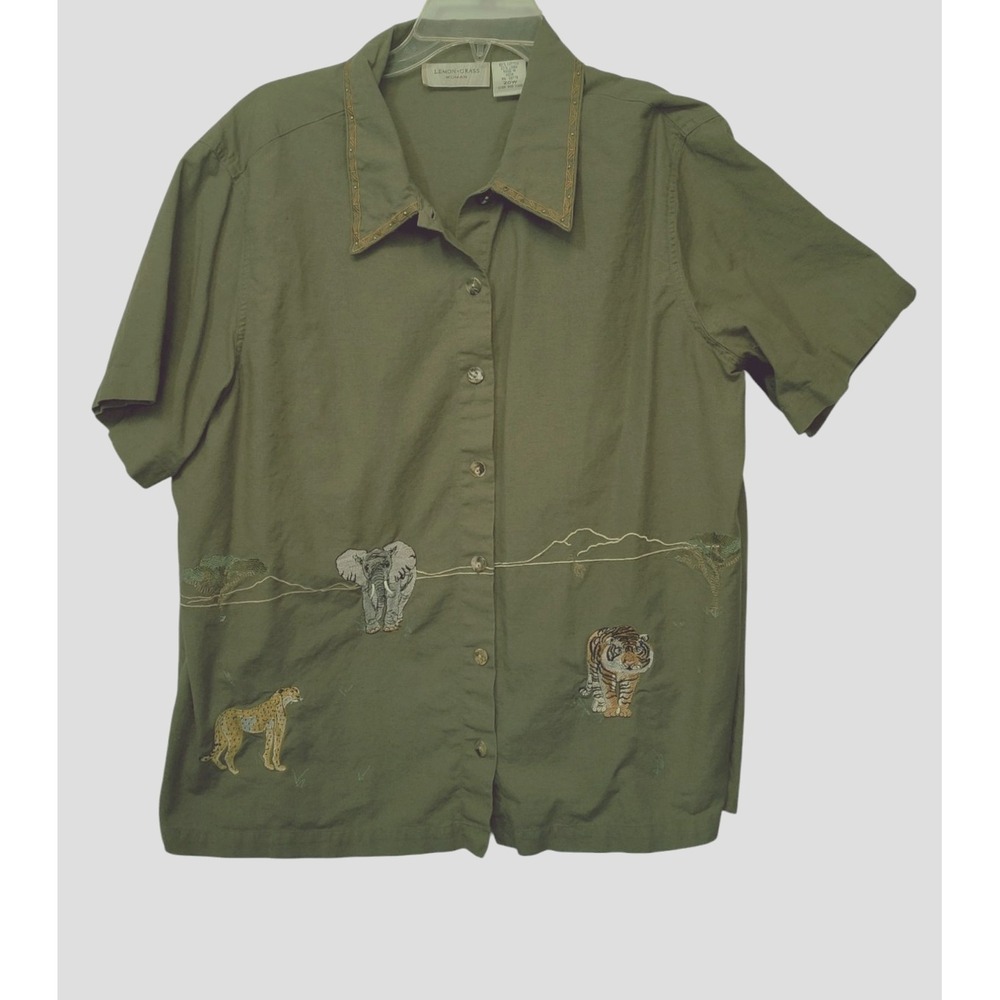 Lemon Grass Womens Safari-Themed Embroidered Shirt Twofer 20W Olive Green